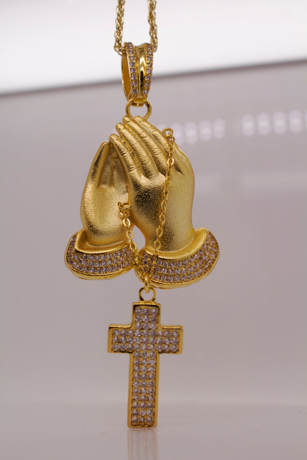 ICED OUT PRAYING HANDS & CROSS PENDANT